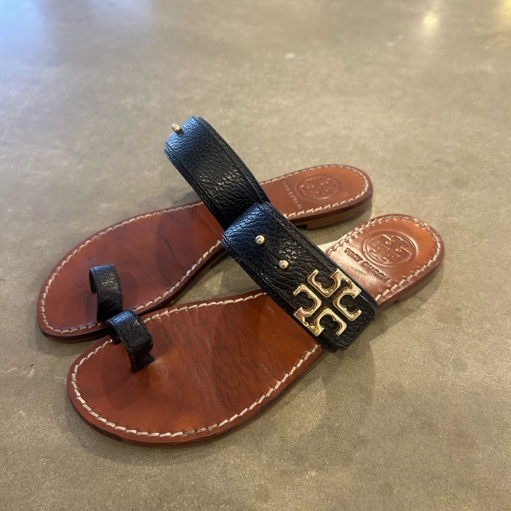 Tory Burch Black and Brown Leather Sandals